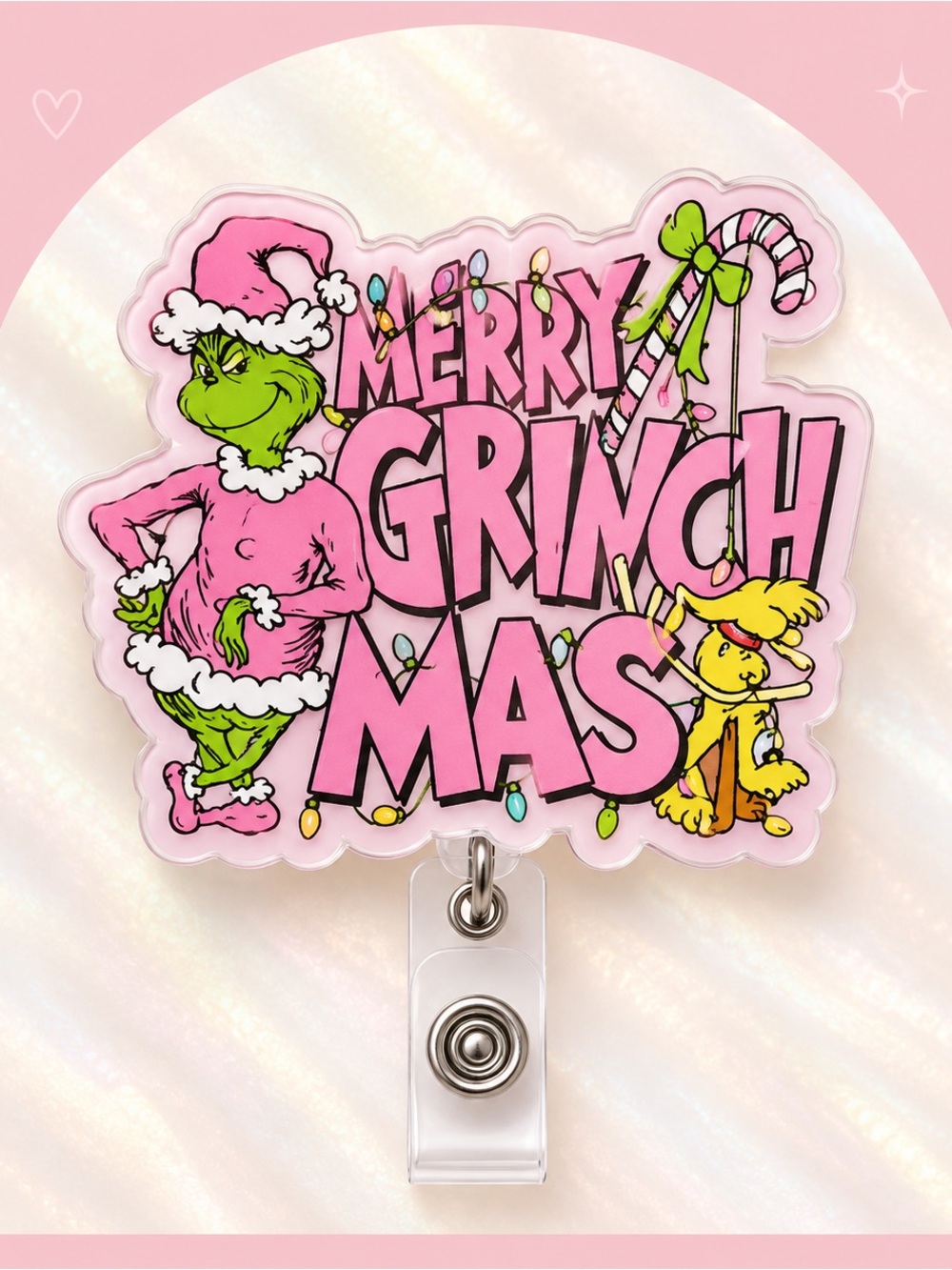 Merry Grinchmas Pink Badge Reel - Holiday Nurse ID Holder